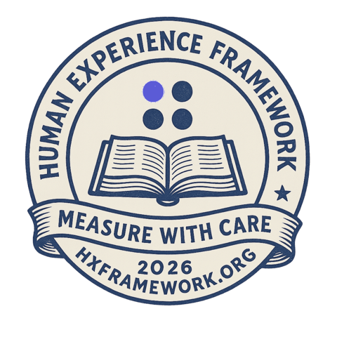 The HX seal — four dots above an open book, Measure with CARE