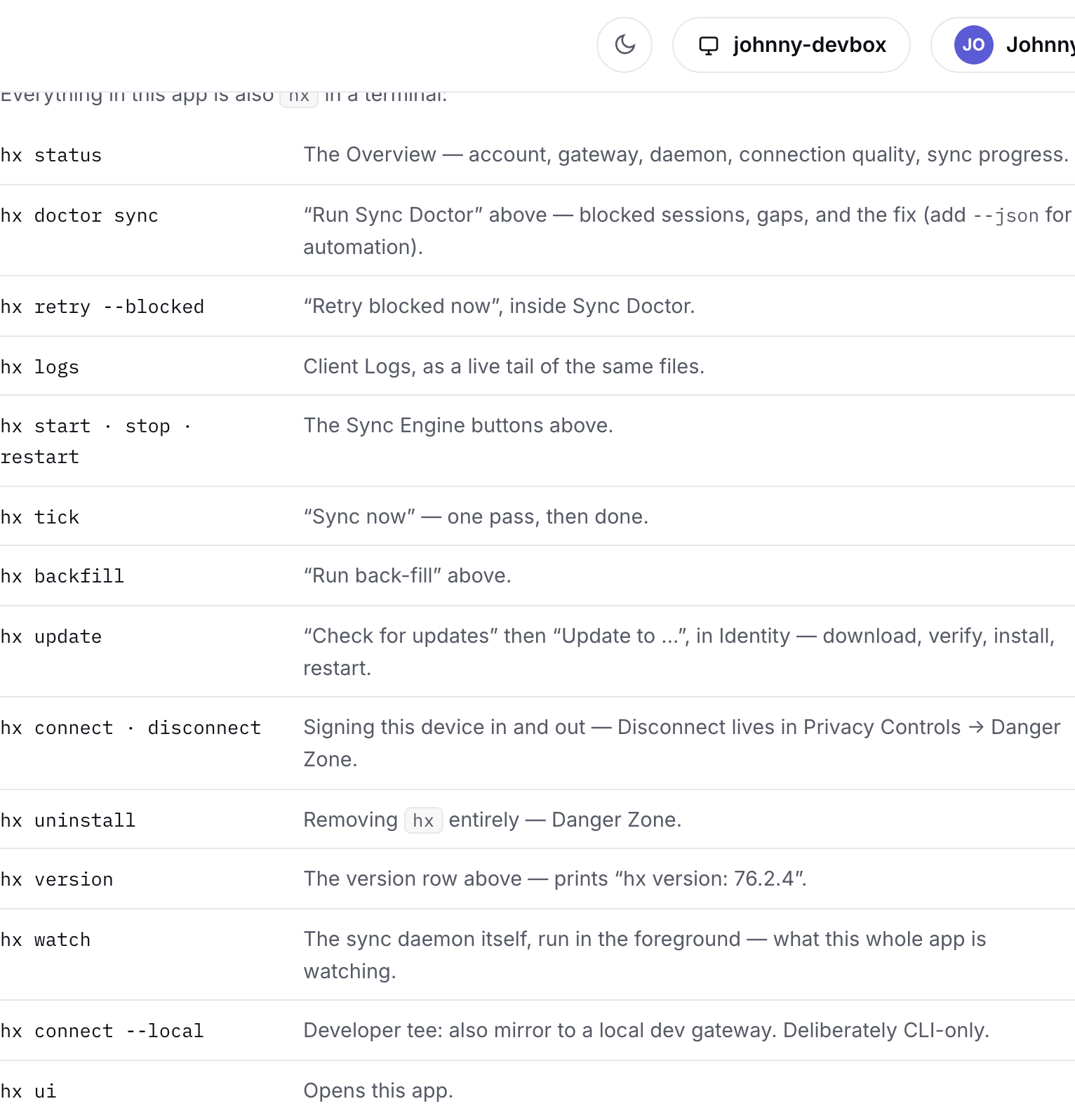 The command-line reference: every screen of the interface mapped to its hx command, from hx status to hx uninstall