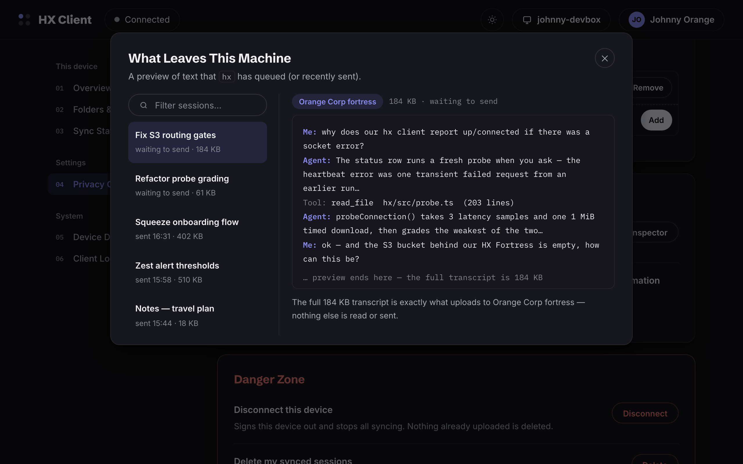 The What Leaves This Machine inspector in the dark theme