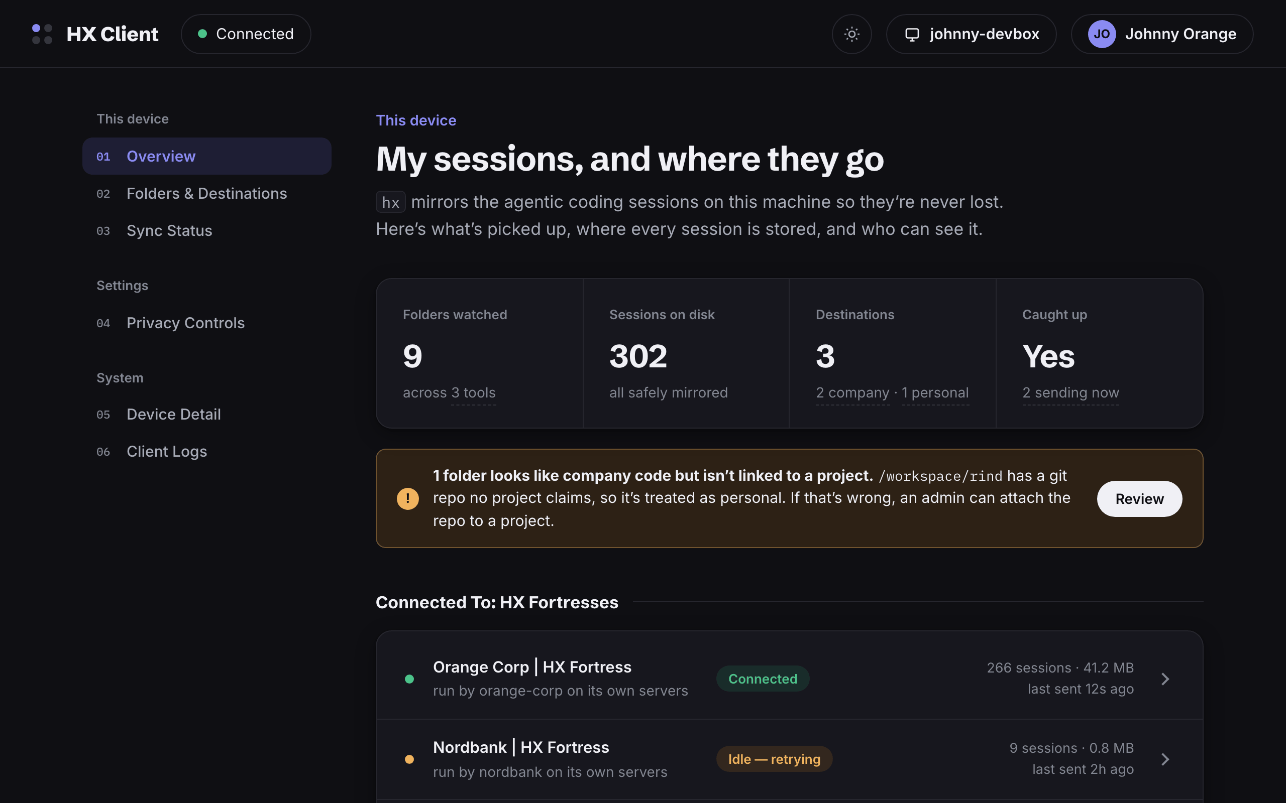 The overview screen in the dark theme