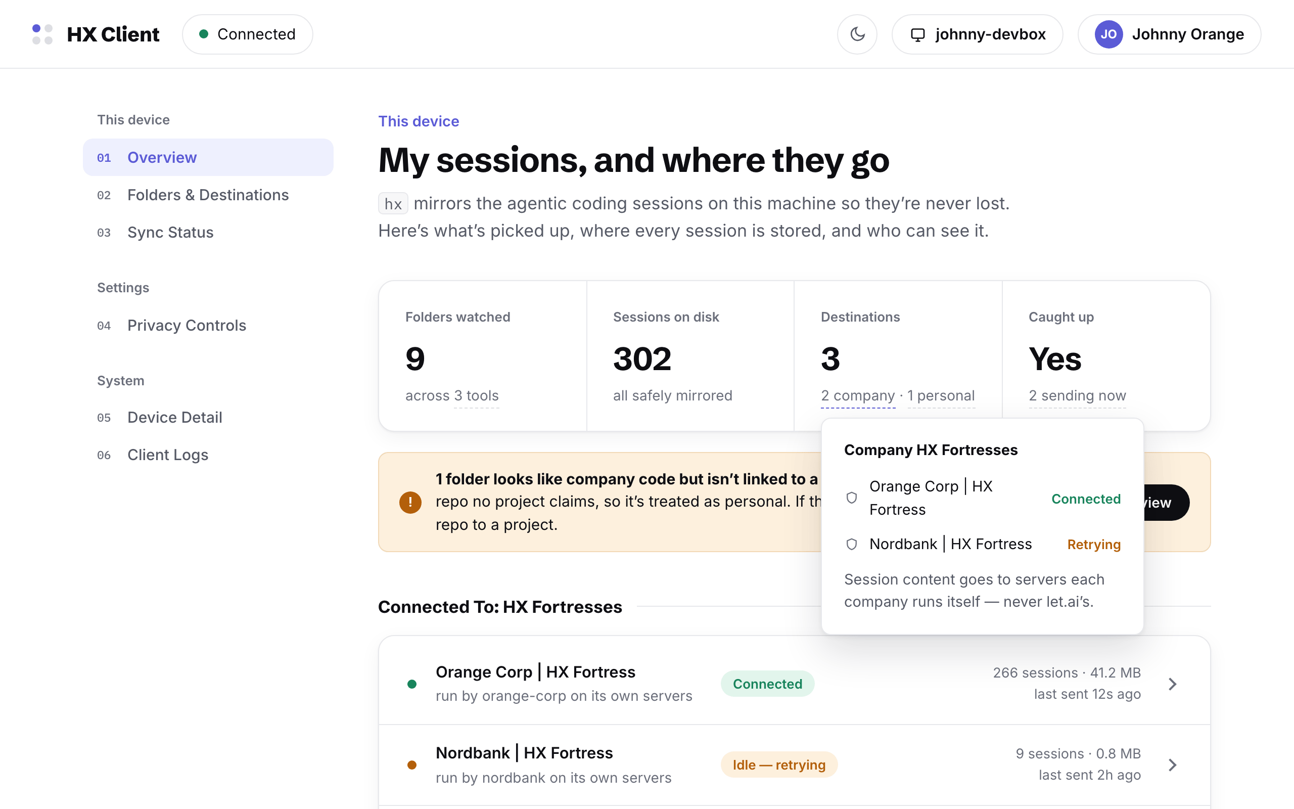 The destinations stat expanded into a hover card listing the two company fortresses with their connection state