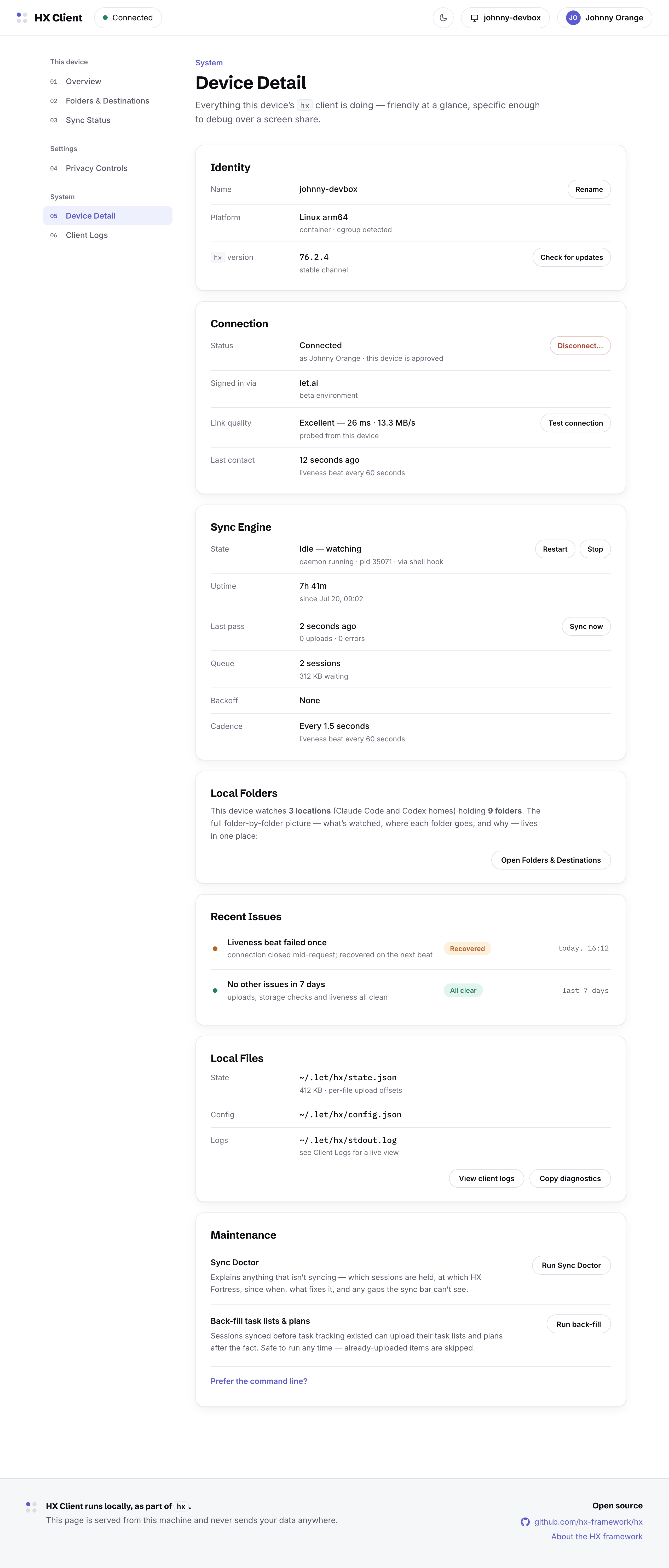 Device Detail: identity with rename and update, connection status, sync engine state with restart and stop, local folders, recent issues, local files and maintenance