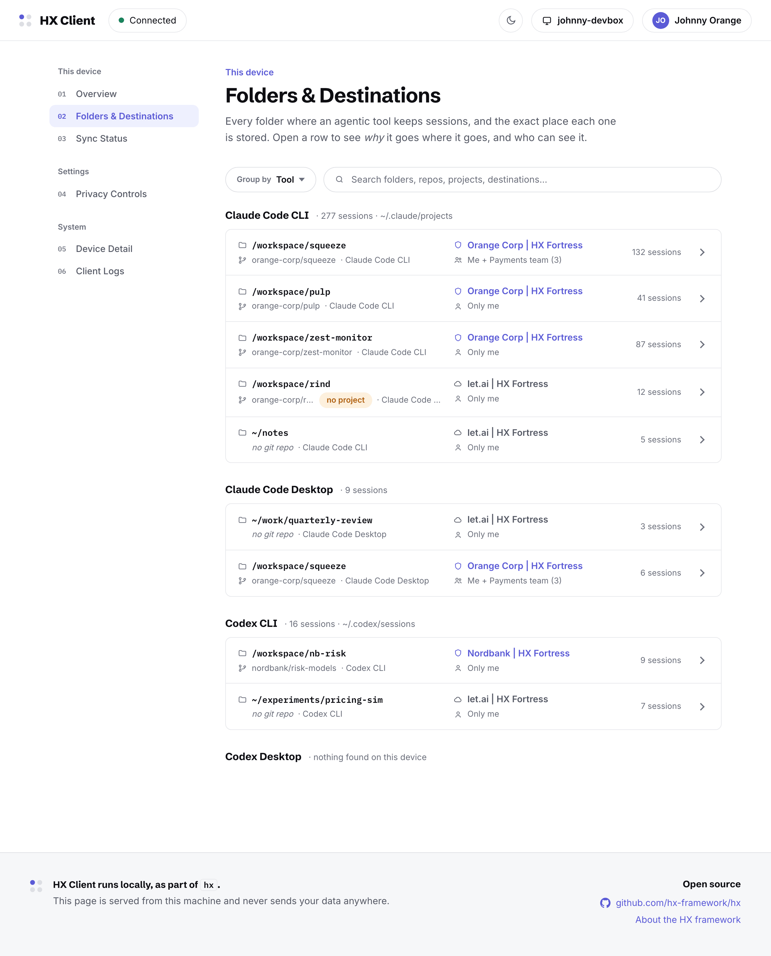 Folders & Destinations: watched folders grouped by tool — Claude Code CLI, Claude Code Desktop, Codex CLI — each with its destination and visibility