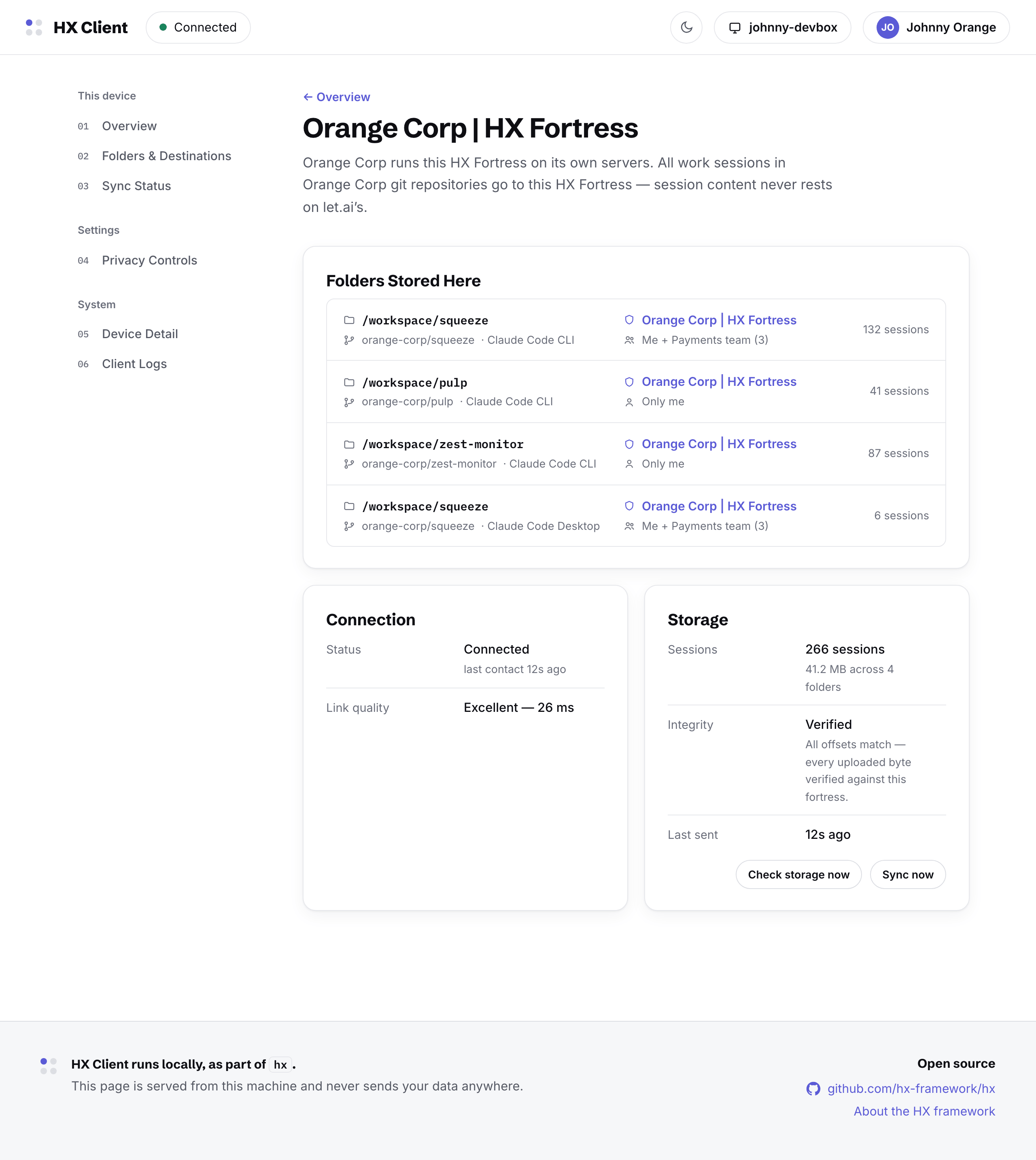 The Orange Corp fortress page: folders stored there, connection status, and storage integrity showing every uploaded byte verified