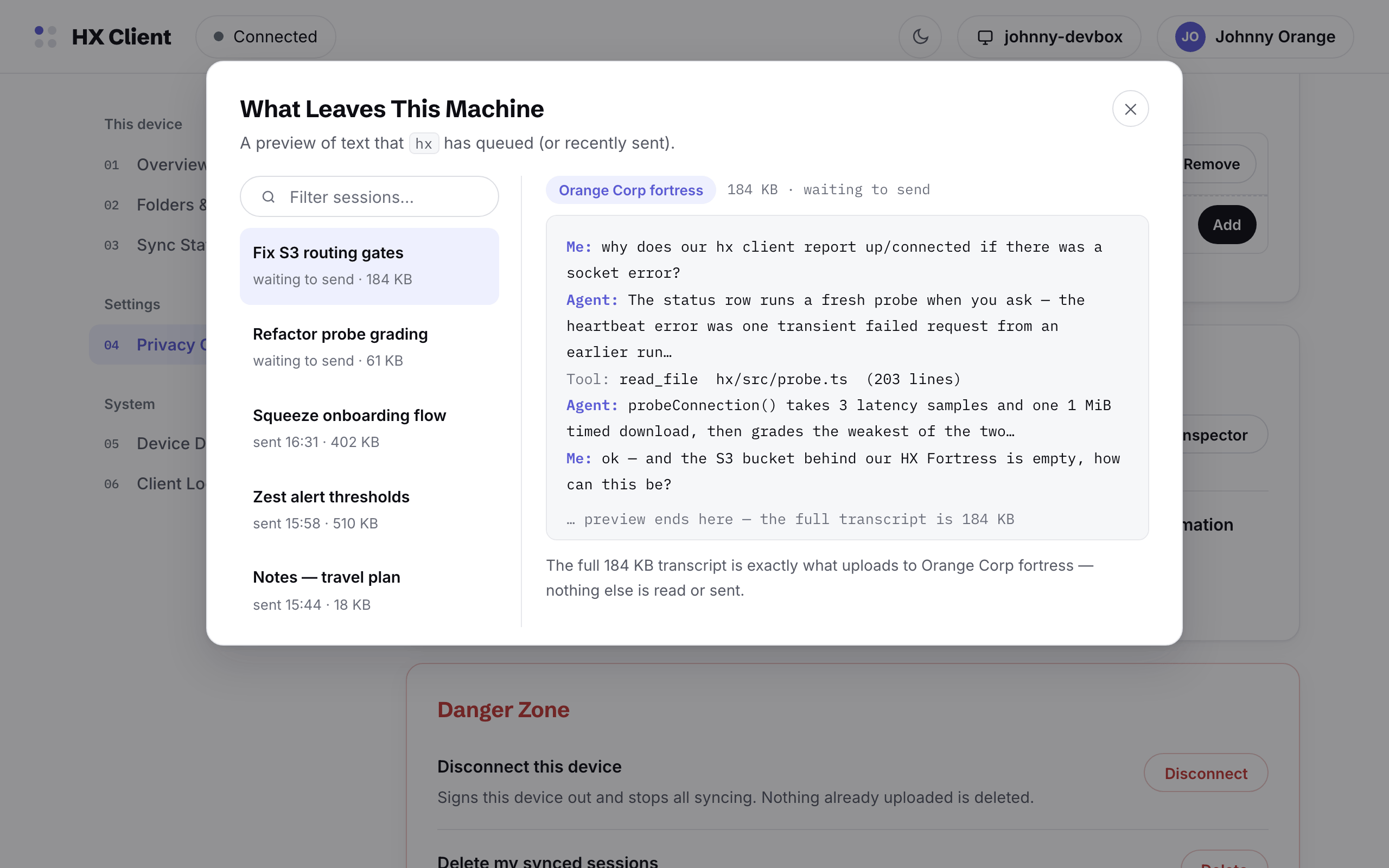 The What Leaves This Machine inspector: a list of queued sessions on the left, the exact transcript text to be uploaded on the right