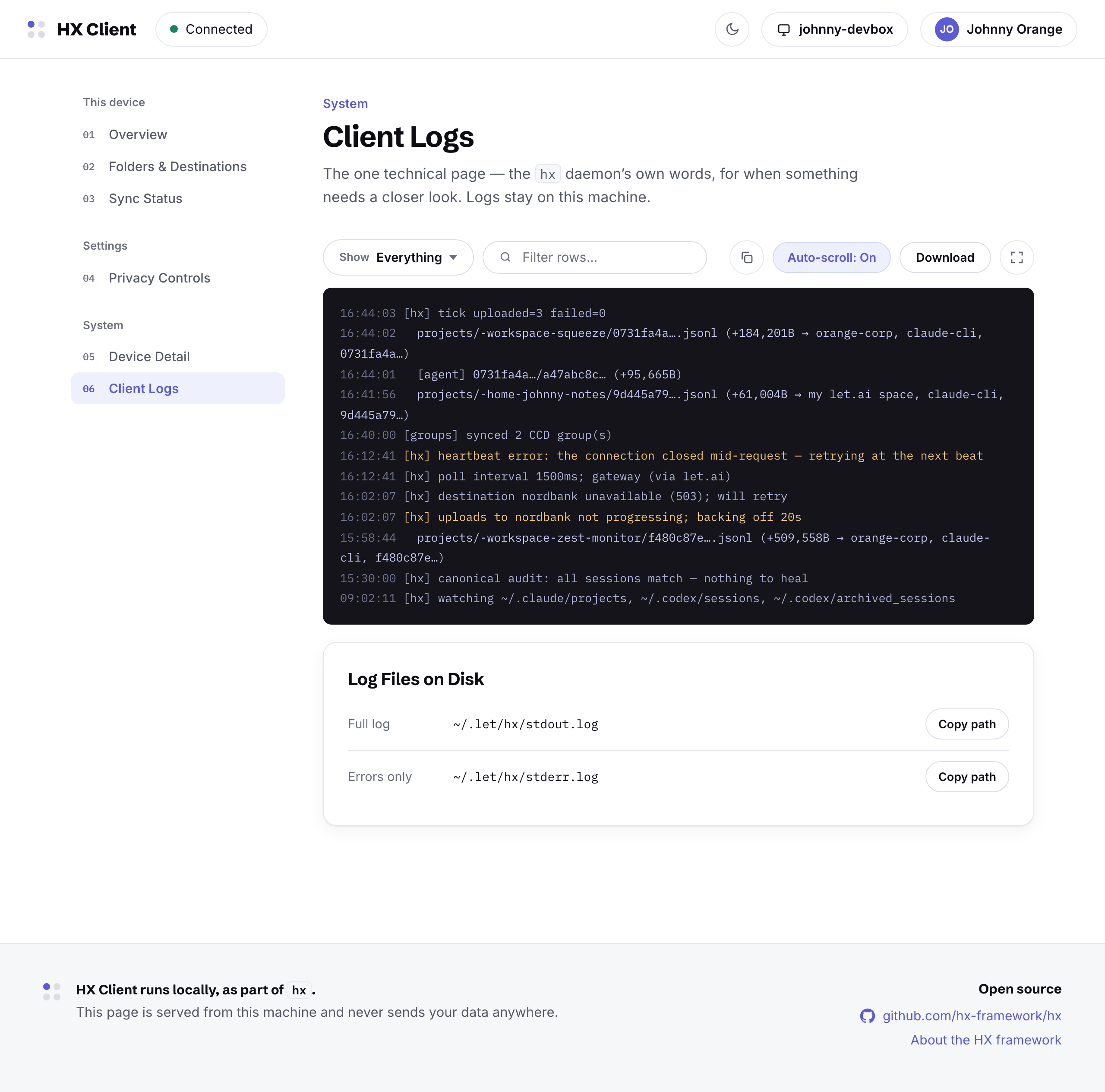 Client Logs: a live log pane with upload lines, warnings and info, level filter and search, plus the log file paths on disk