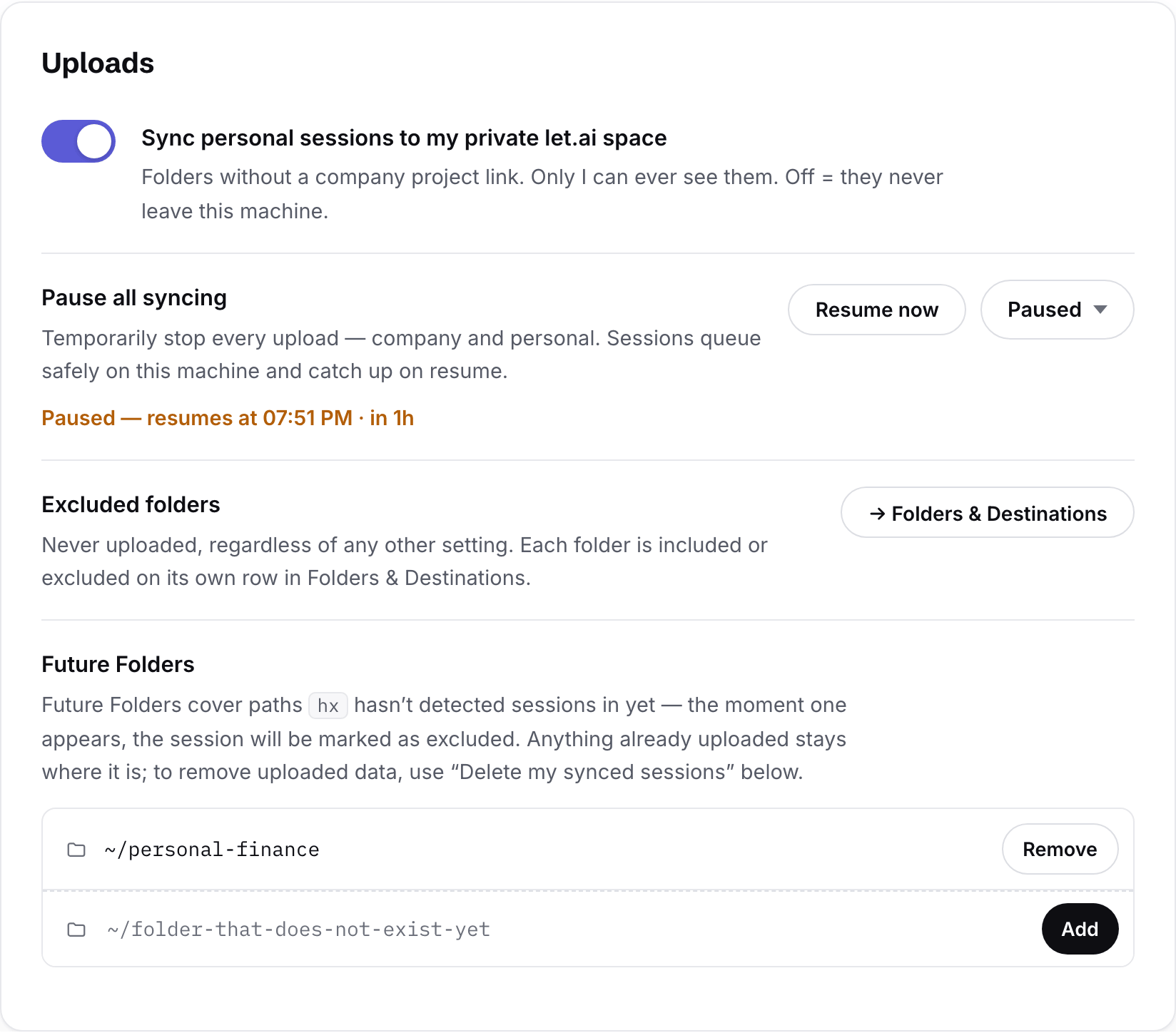 The uploads panel while paused: the pause state line shows when syncing resumes, with a resume-now button