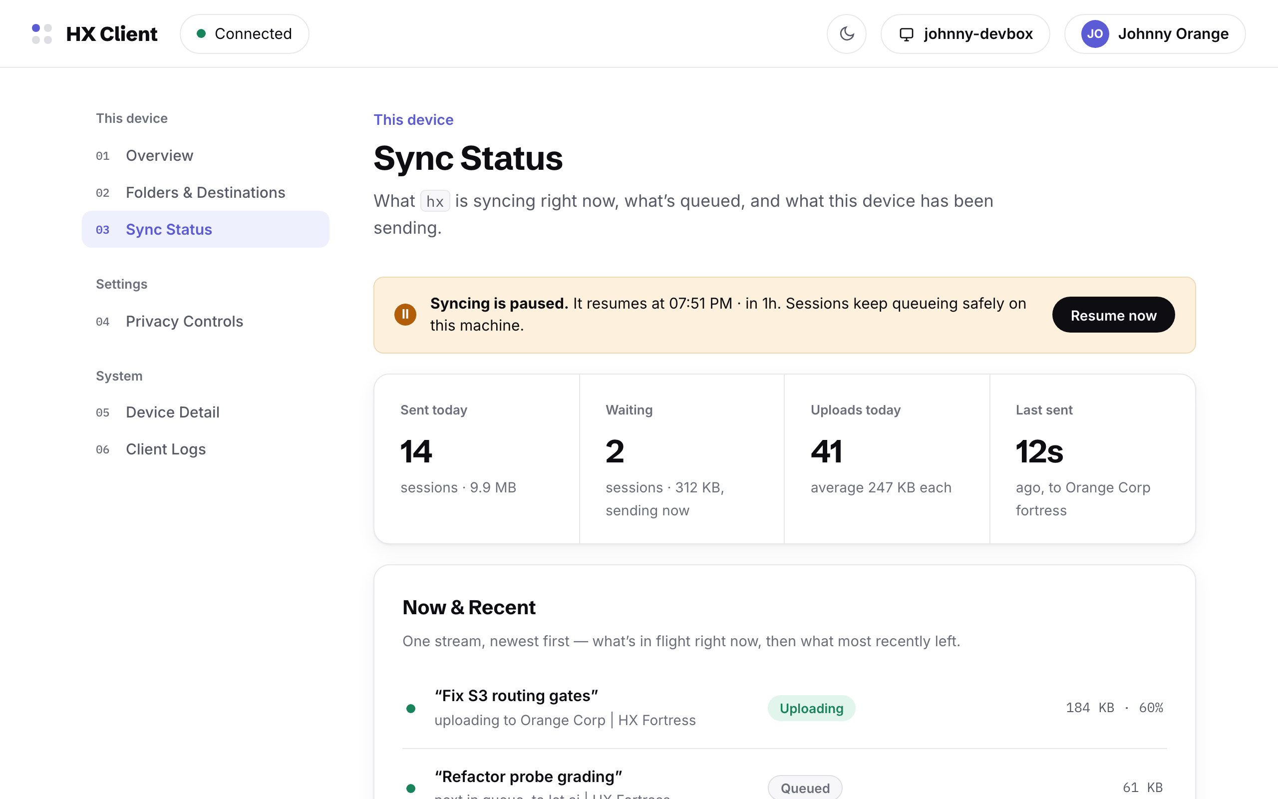 Sync Status while paused: a banner explains syncing is paused, sessions keep queueing safely, with a resume button