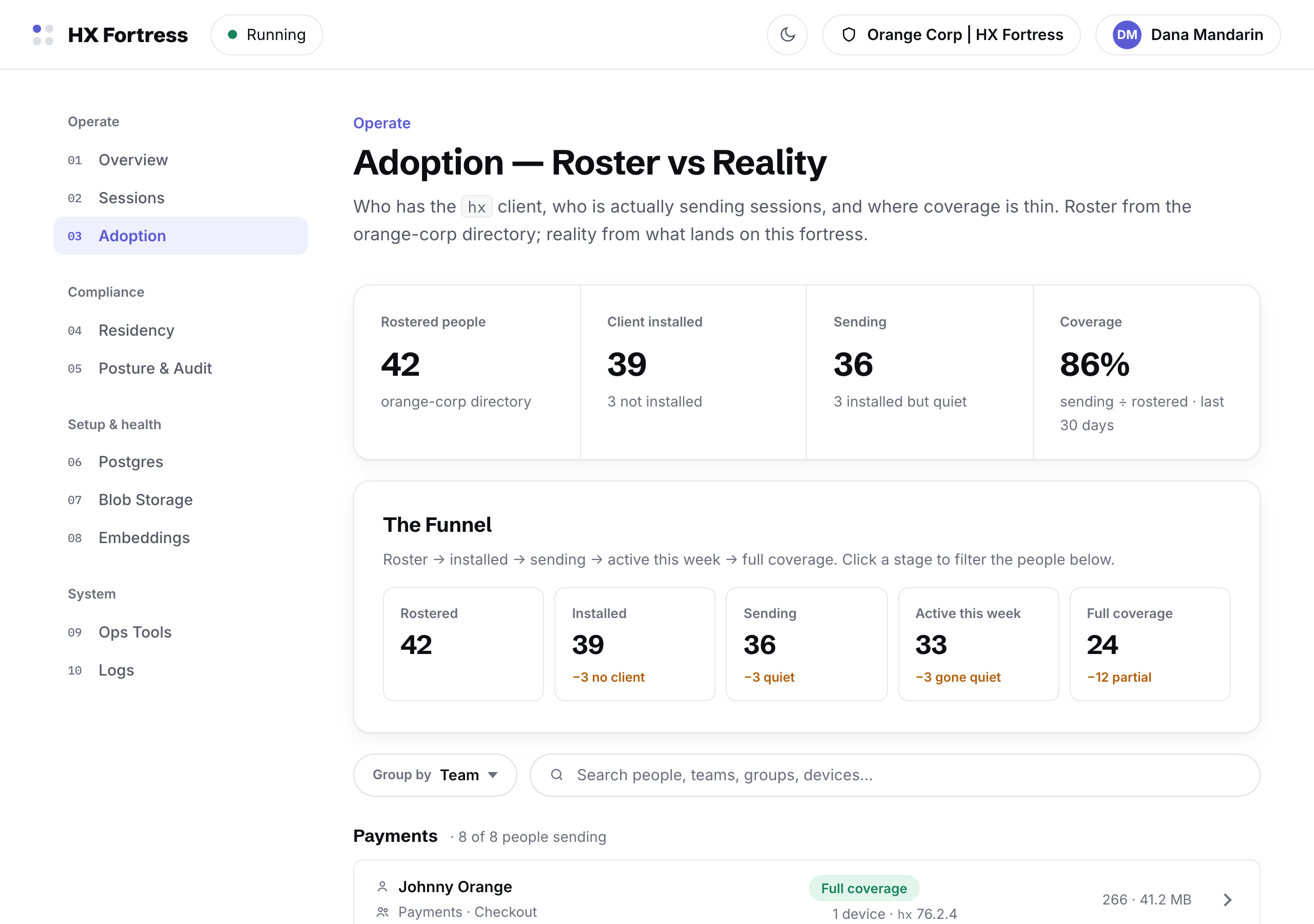 The adoption page: coverage across 42 people, grouped by team, with install and sync state per person