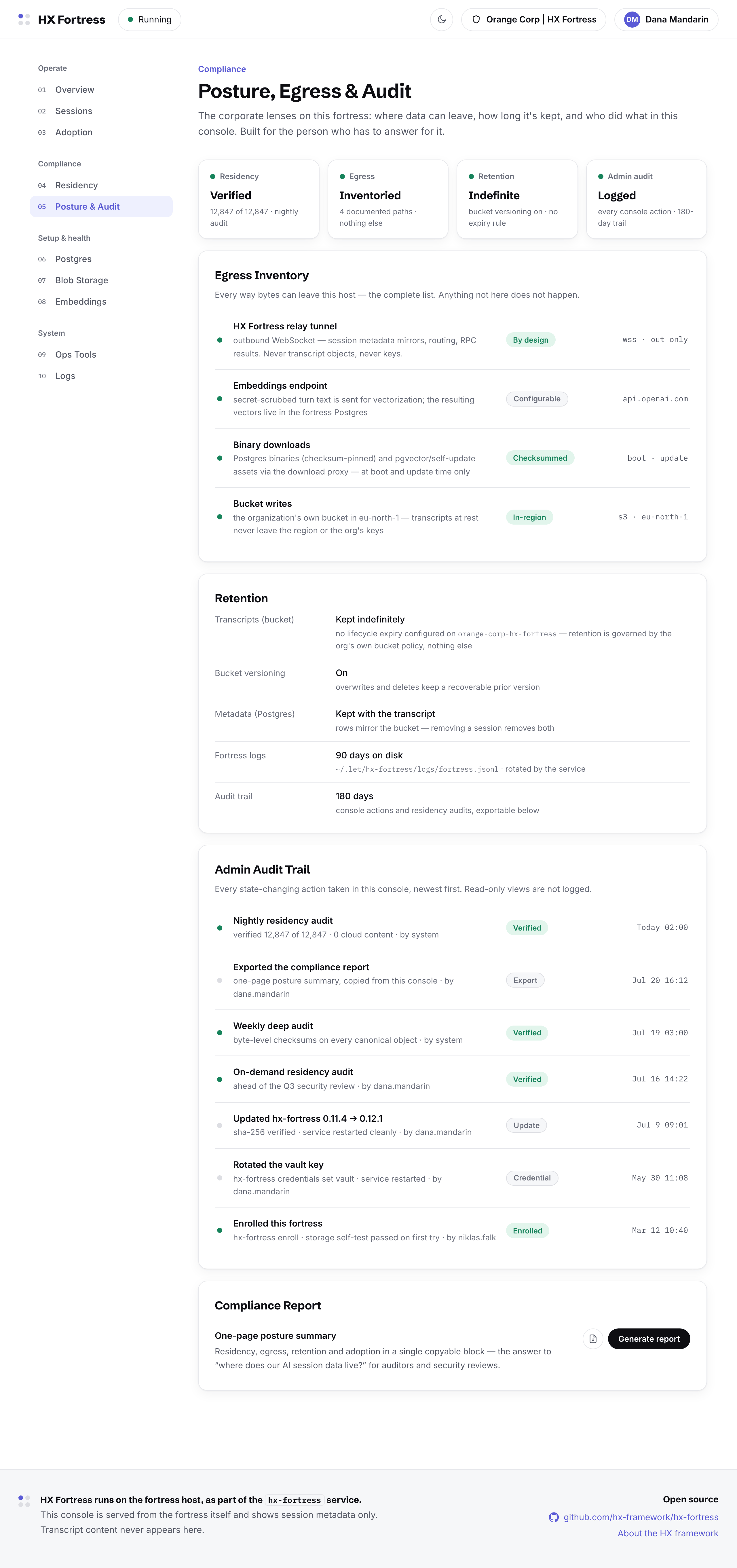 Posture, Egress & Audit: the egress inventory, retention terms, the admin audit trail, and the compliance report generator