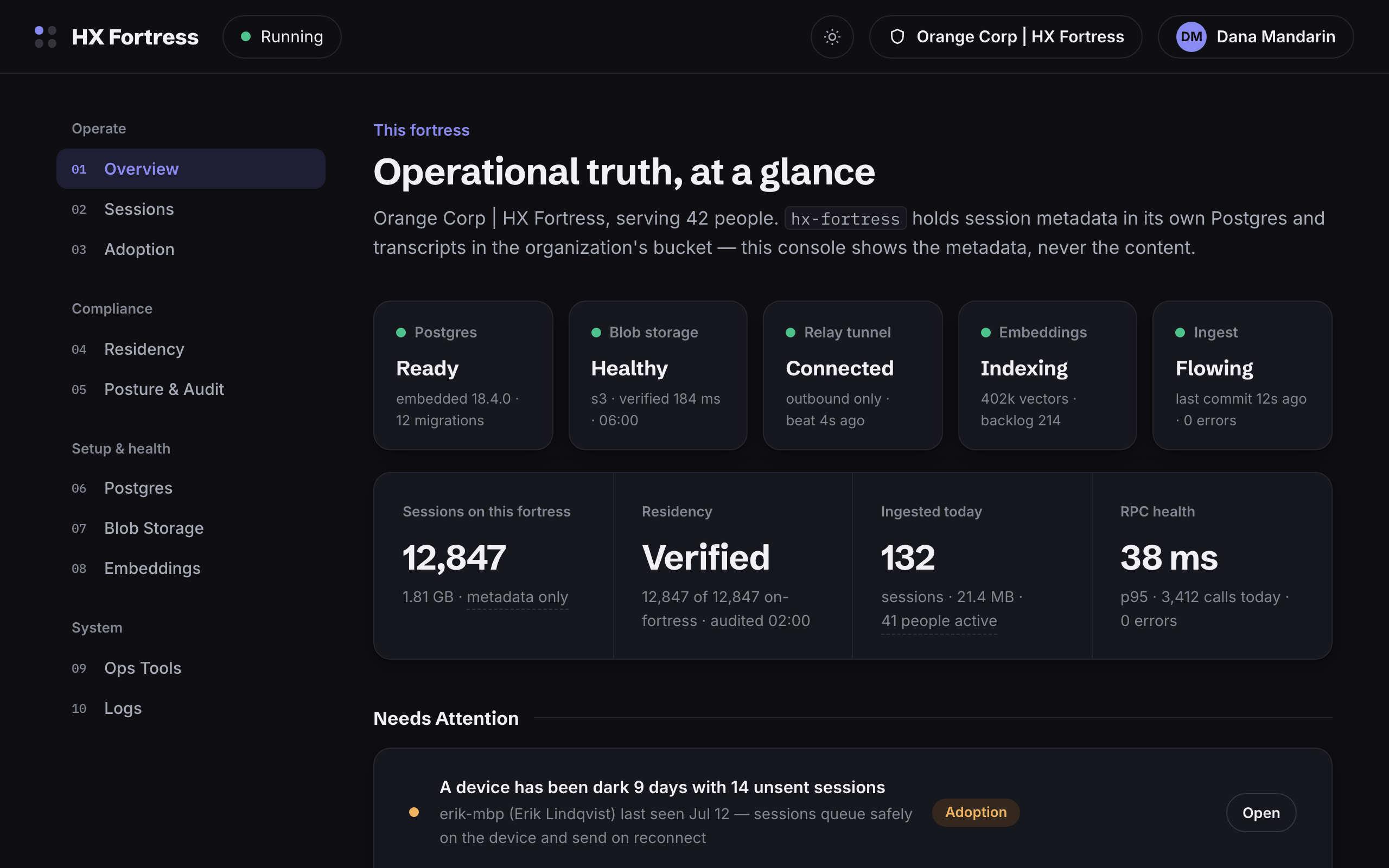 The fortress overview in the dark theme