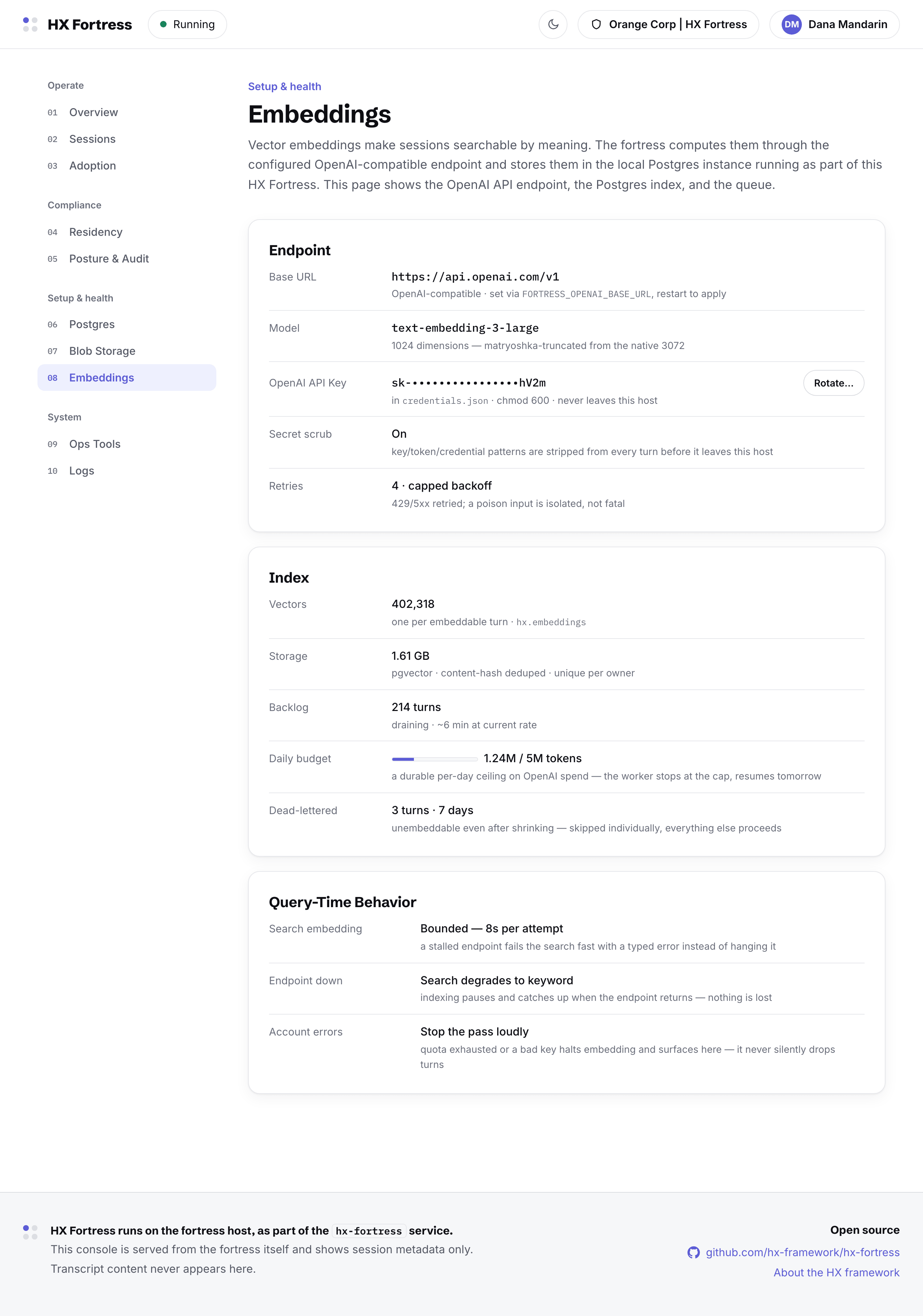 The embeddings page: endpoint configuration, key rotation in place, index backlog and worker state