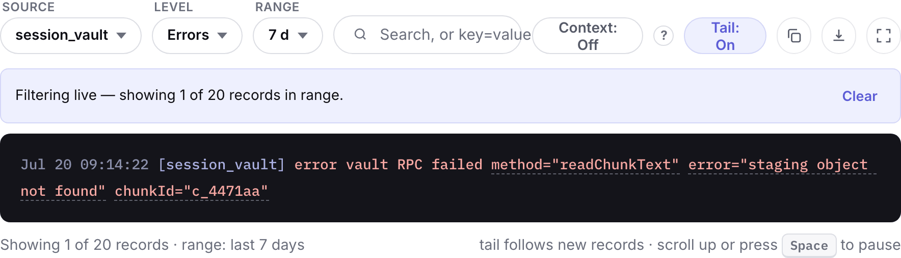 The log pane filtered to session-vault errors across seven days