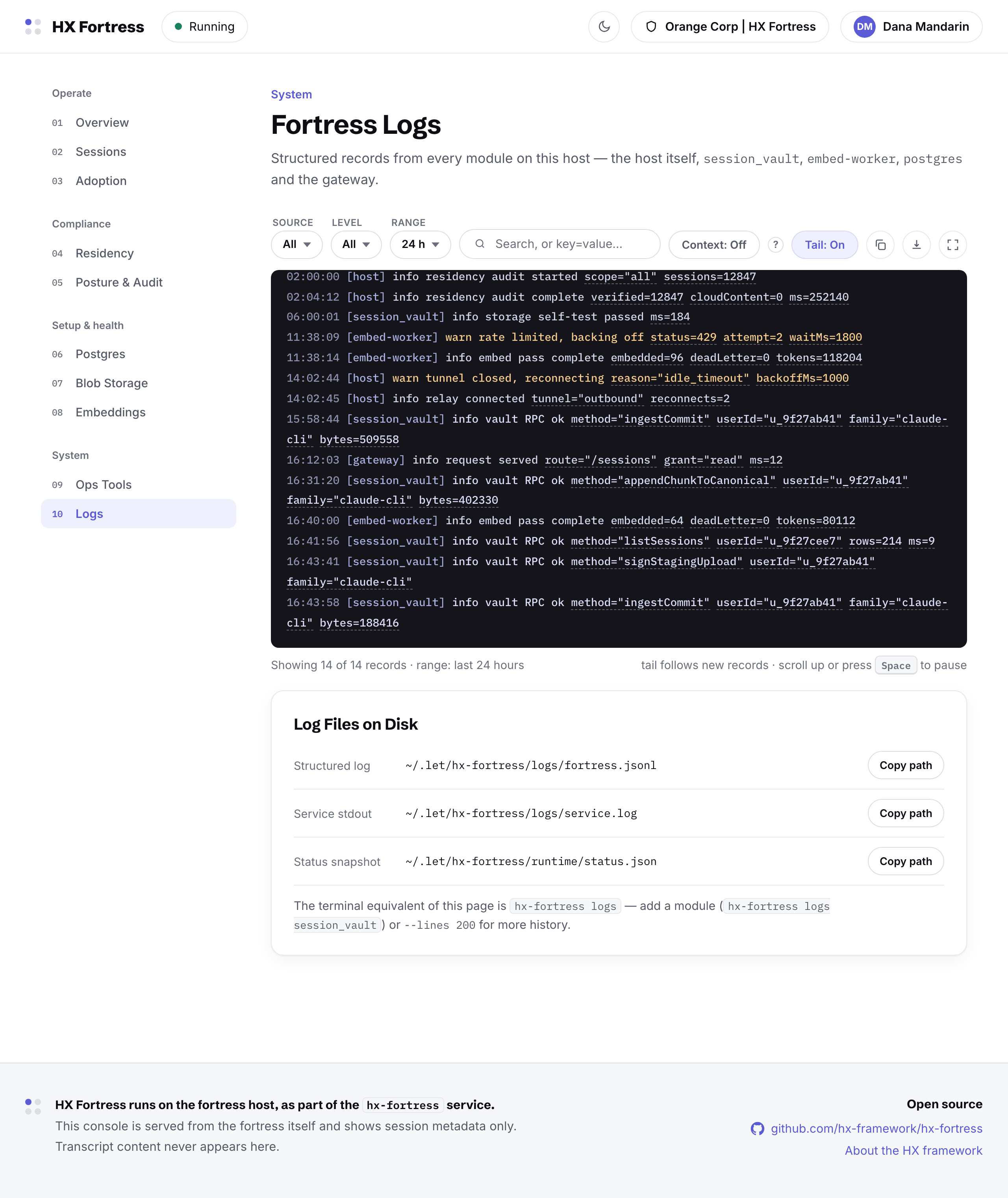The logs page: live tail with source, level and range filters, and the log file paths on disk