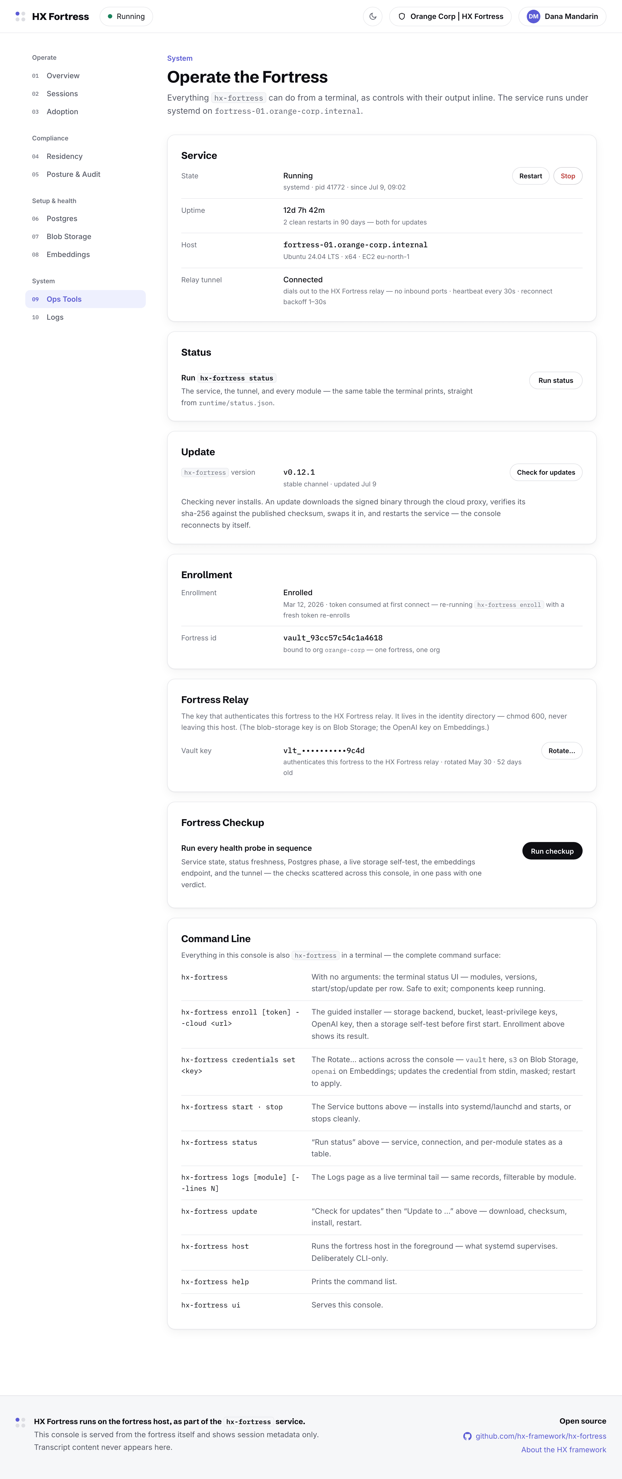 Ops Tools: service controls, update flow, the fortress relay credential, and diagnostics