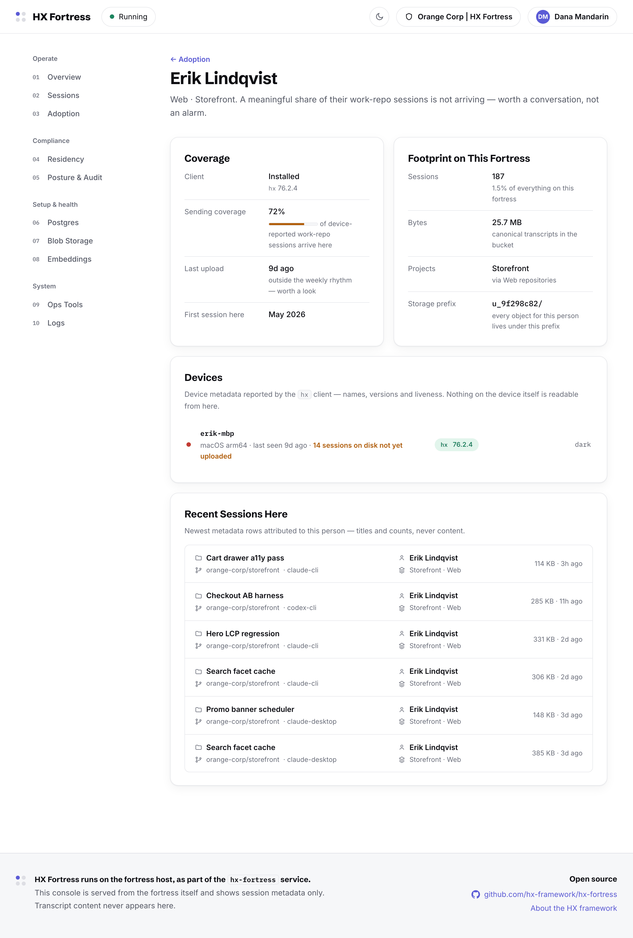 One person's page: their devices, sync state, and session counts — no transcript content