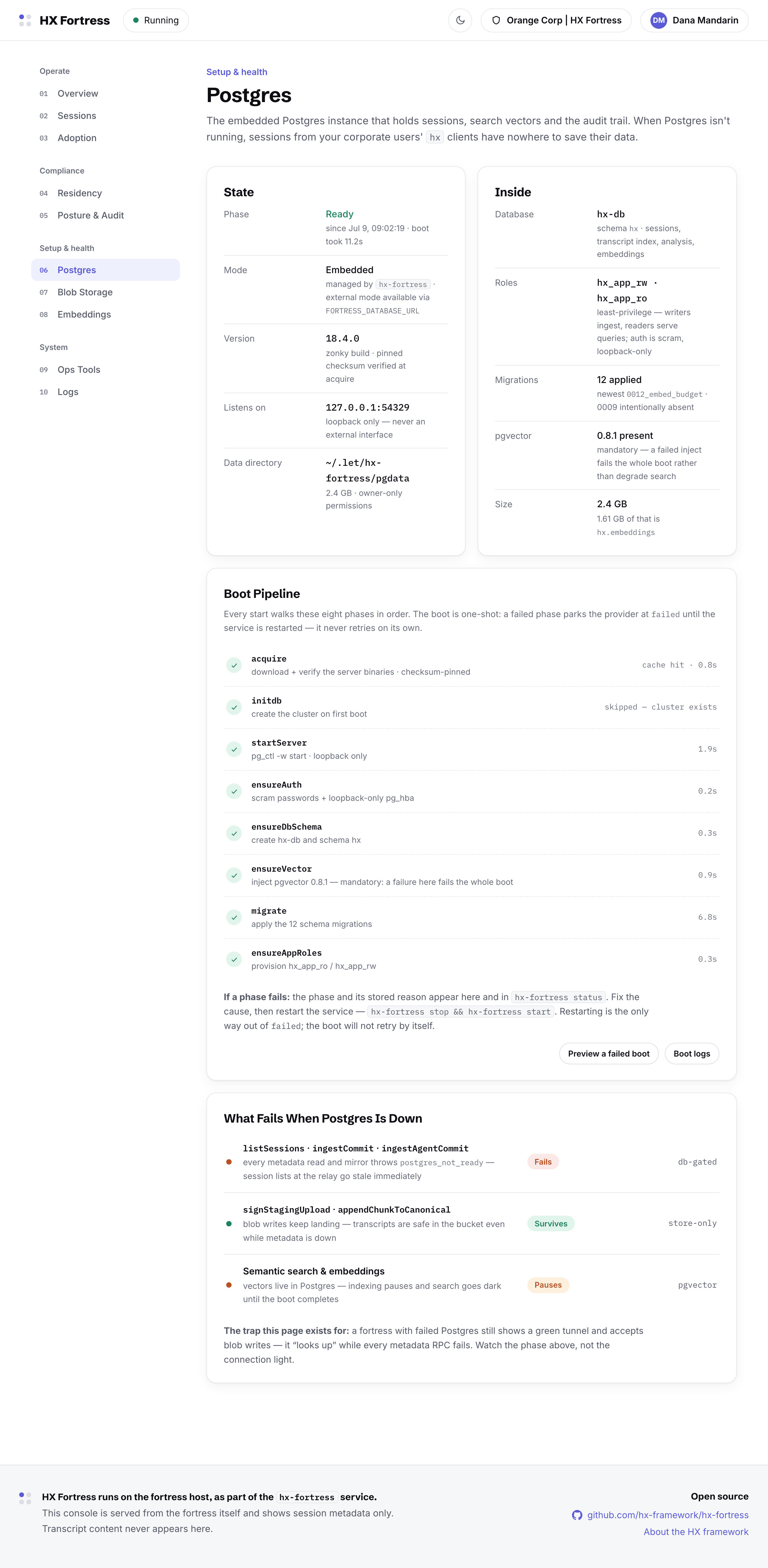 The Postgres page: embedded version, migrations, connection facts, and what survives an outage