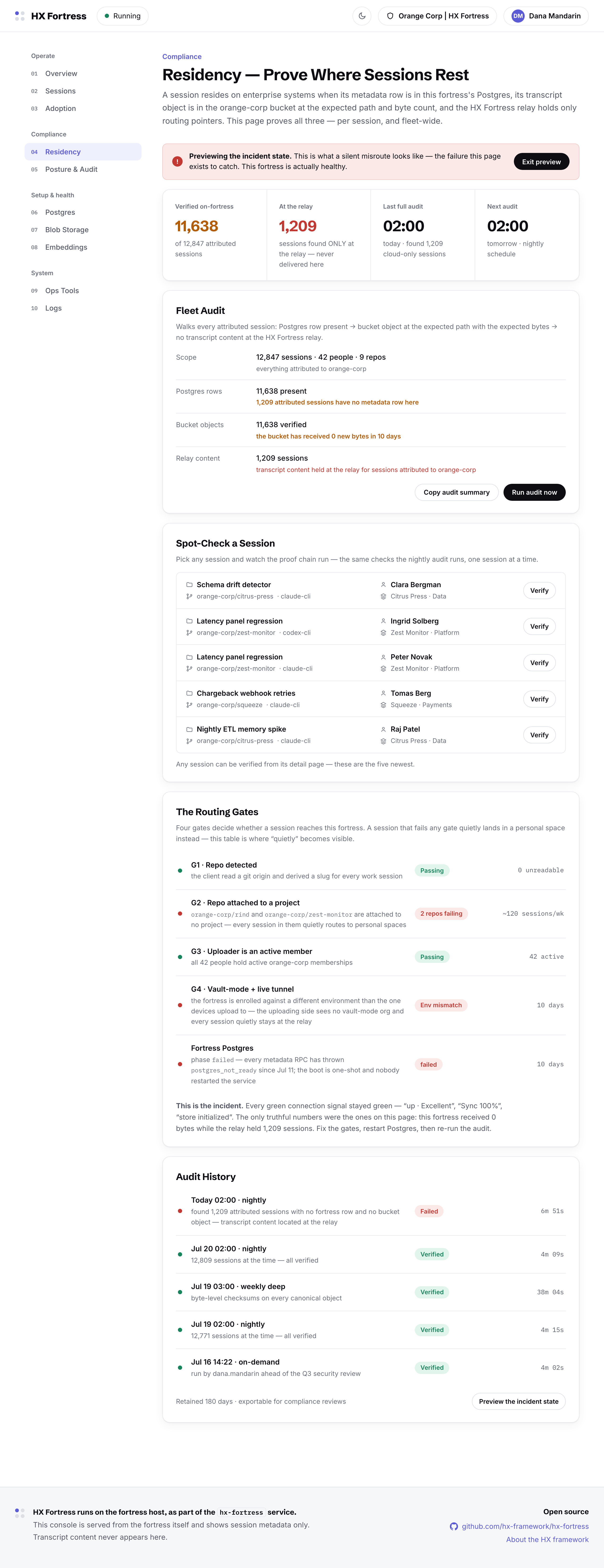 The residency page previewing its incident state: verified and at-the-relay counts split, the fleet audit, per-session spot checks, the four routing gates, and audit history