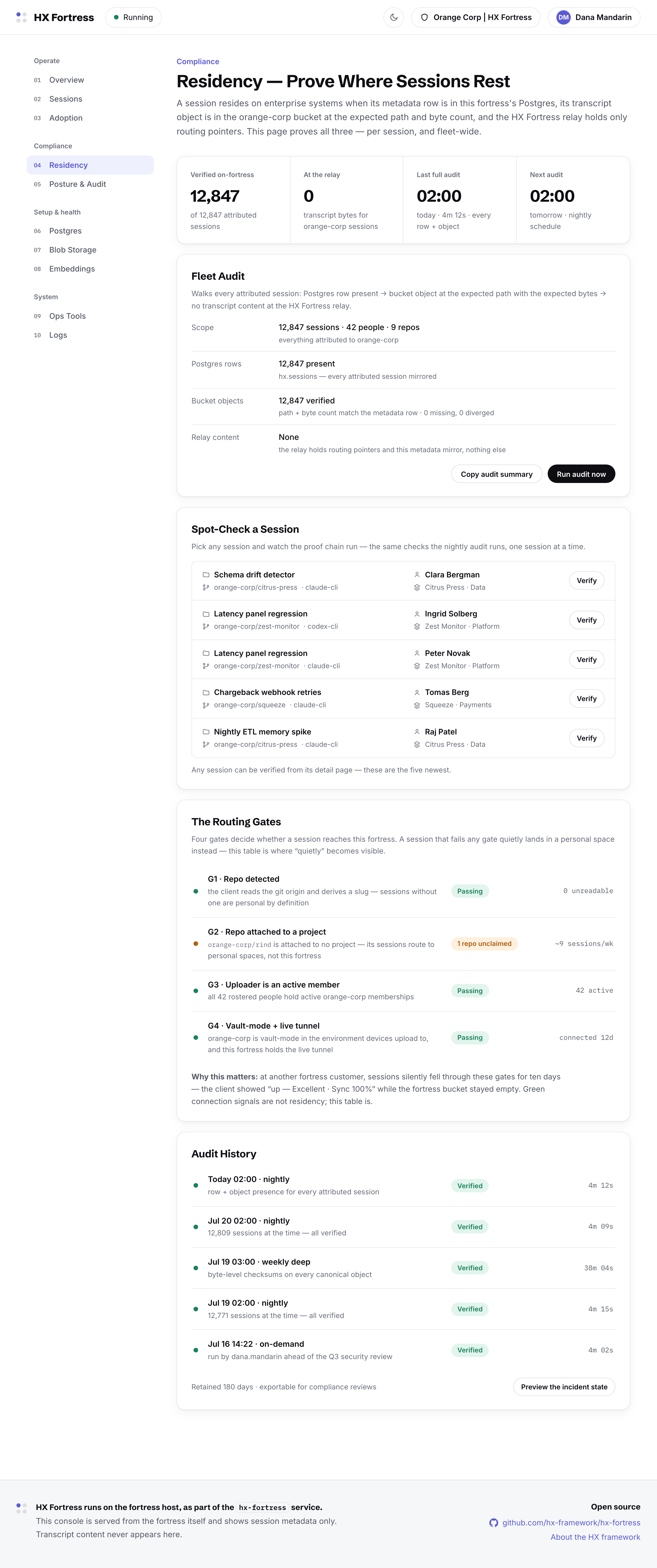 The residency page: fleet audit across all sessions, spot-check list, the four routing gates, audit history