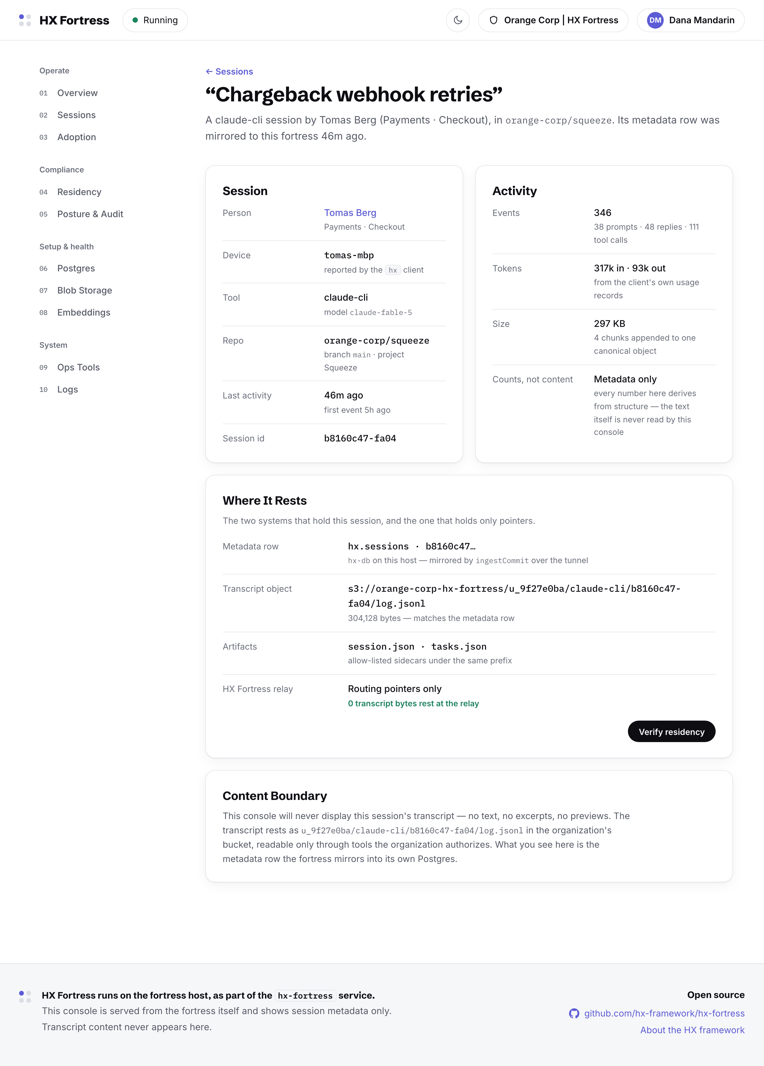 One session's page: its metadata row, storage key, event counts and byte sizes, with a verify-residency action