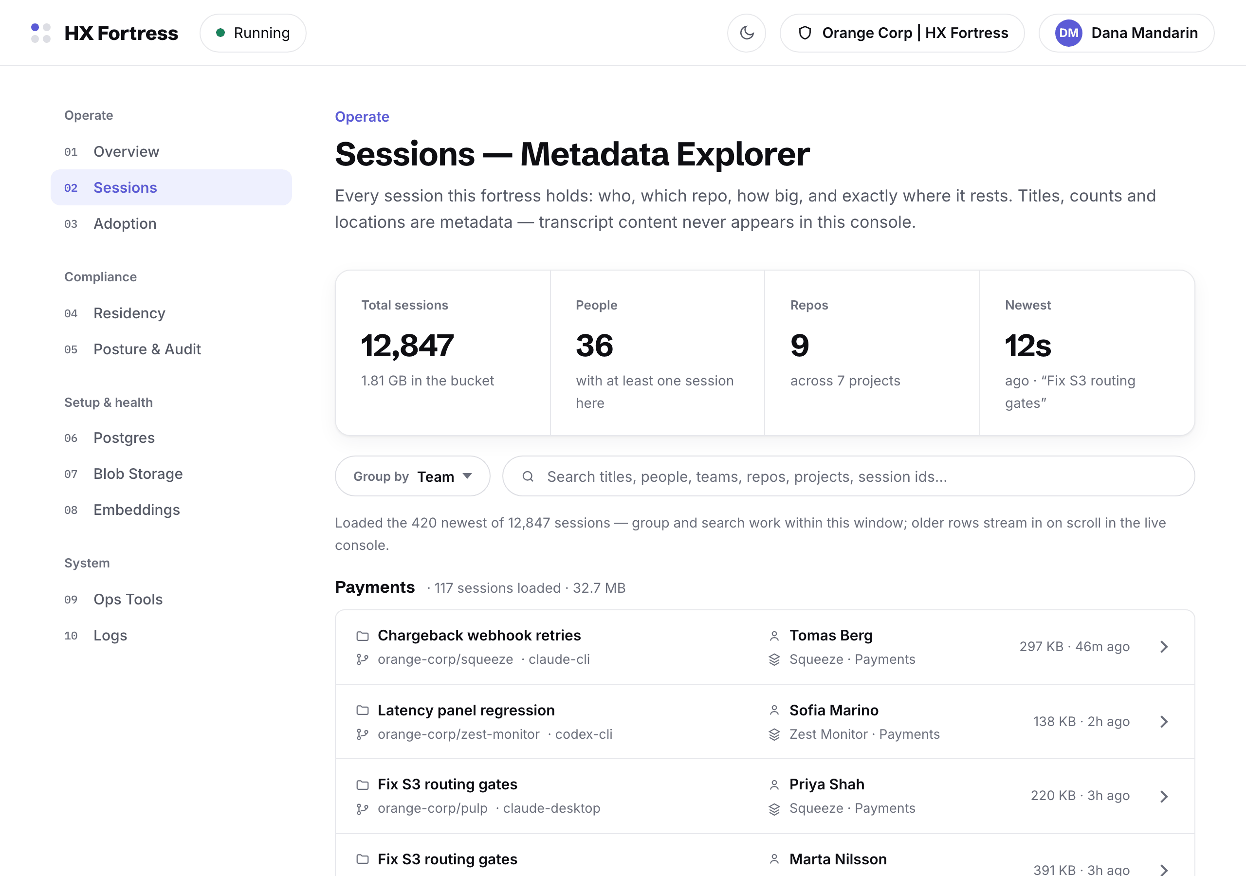 The sessions explorer: sessions grouped by team with sizes, people and repositories — metadata only
