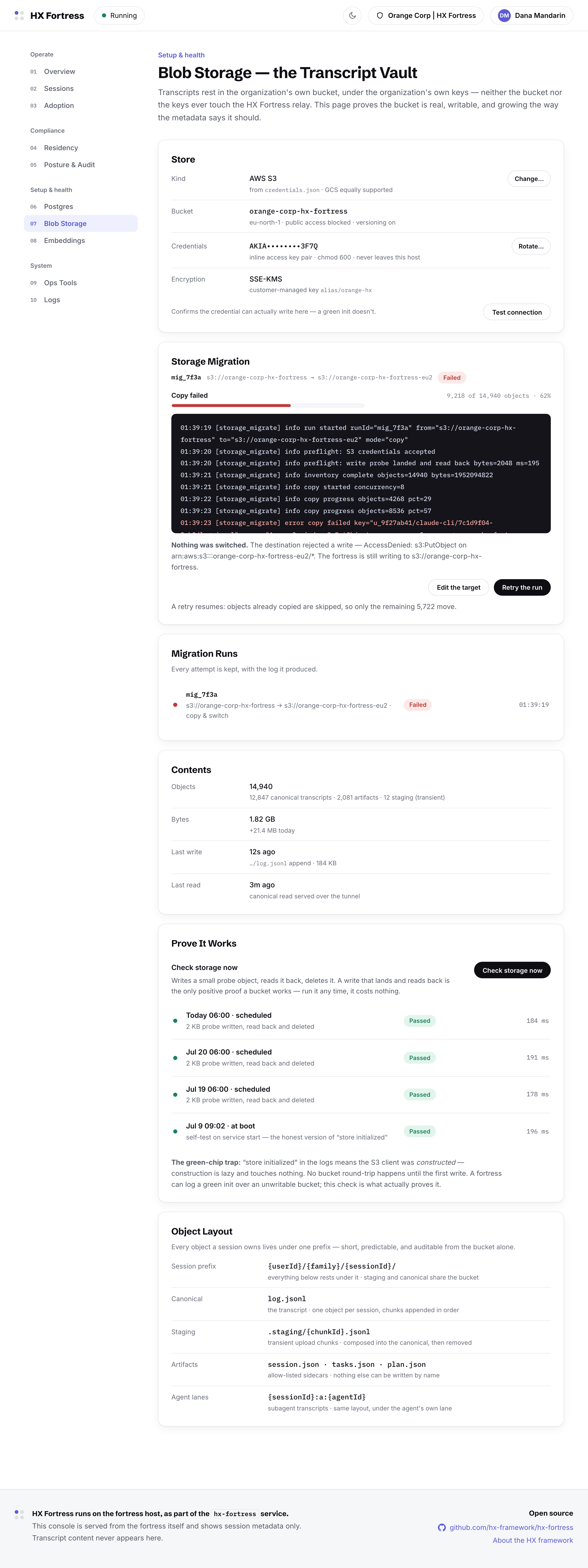 A storage migration run that failed at 62 percent on a destination permission error: nothing switched, the fortress still writes to the old store, and retry resumes idempotently