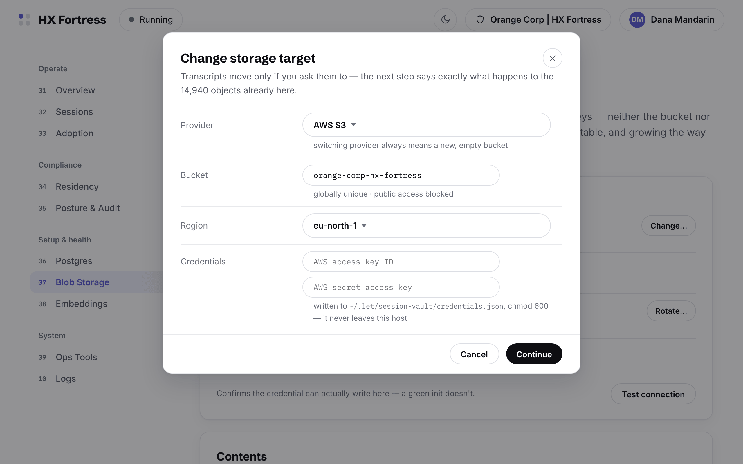 The change-storage-target dialog: provider, bucket, region and fresh credentials