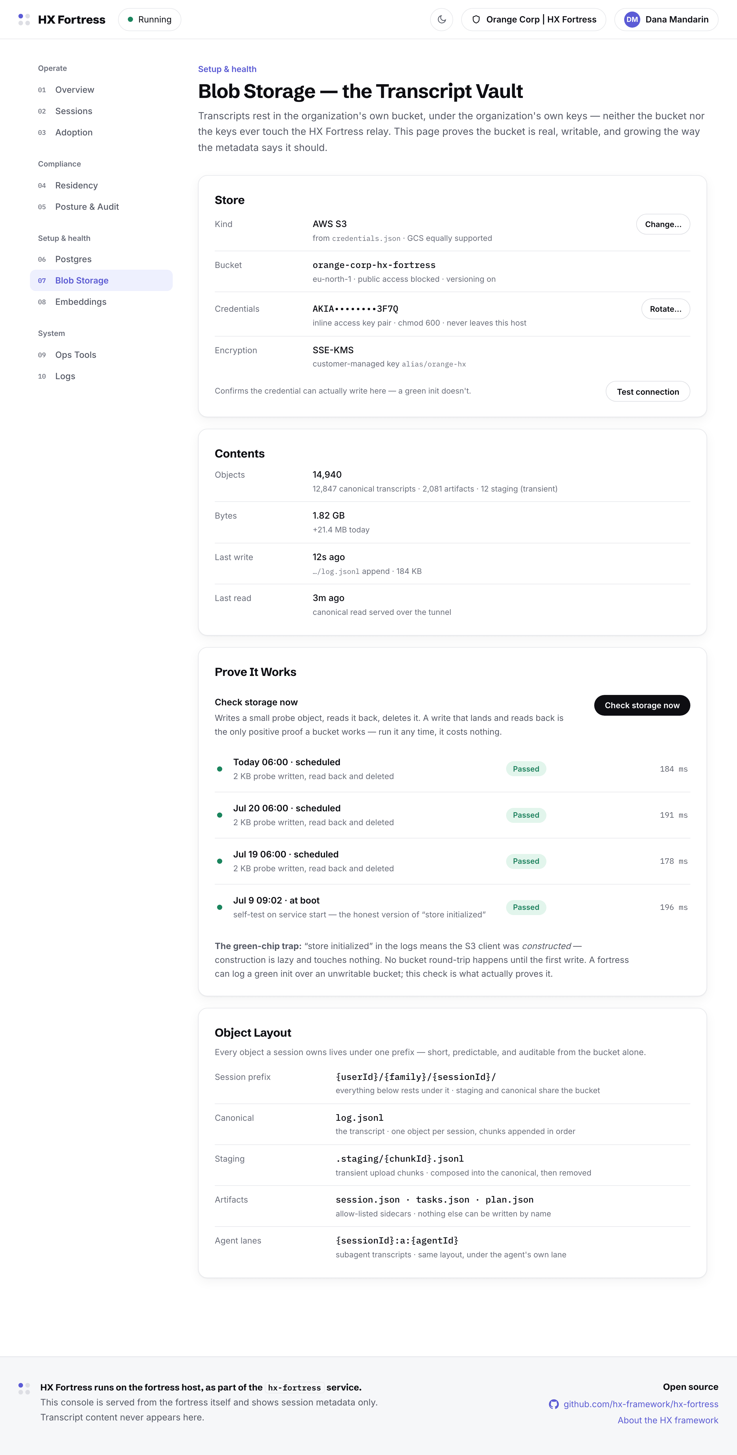 The blob storage page: provider, bucket, region, credential rotation in place, and a test-connection proof